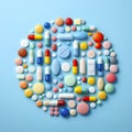 different tablets and capsules on a blue background. ai generative