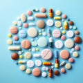 different tablets and capsules on a blue background. ai generative