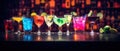 Different tasty cocktails on dark background. Beautiful line of three colorful alcoholic cocktails on a bar in a