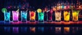 Different tasty cocktails on dark background. Beautiful line of three colorful alcoholic cocktails on a bar in a