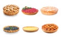 Different tasty fruit pies on white background