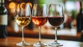 Different tasty wines in glasses on table indoors, selective focus Royalty Free Stock Photo