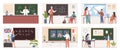 Different teachers with students. Classrooms school blackboards, teaching and lectures process, chemistry and geography Royalty Free Stock Photo