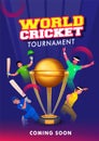 Different team player in playing pose on blue background for World Cricket Tournament.