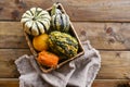 Different Thanksgiving Mini Pumpkins on a rustic wooden table. Thanksgiving concept. Autumn, Harvest wicker basket. Royalty Free Stock Photo