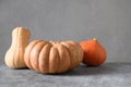 Organic pumpkins on beige background. Autumn harvest for Thanksgiving Day or Halloween Party. Royalty Free Stock Photo