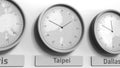 Focus on the clock showing Taipei, Taiwan time. Conceptual 3D rendering