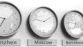 Round clock showing Moscow, Russia time within world time zones. Conceptual 3D rendering Royalty Free Stock Photo