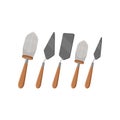 Different tools for archeology excavations. Big and small brush, three various trowels from stainless steel. Instruments