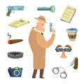 Different tools for detective. Vector icons in cartoon style