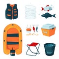 Different tools for fishing. Vector icons set in cartoon style Royalty Free Stock Photo