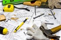 Different tools are lying on carpenter workbench. Royalty Free Stock Photo