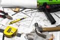 Different tools are lying on carpenter workbench. Royalty Free Stock Photo