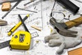 Different tools are lying on carpenter workbench. Royalty Free Stock Photo