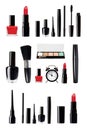 Different tools for make up, luxury cosmetics kit. Lipstick, brush, mascara and eye liner, set and collection Royalty Free Stock Photo