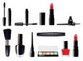 Different tools for make up, luxury cosmetics kit. Lipstick, brush, mascara and eye liner, set and collection Royalty Free Stock Photo