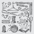 Different tools for sewing workshop. Vector pictures in hand drawn style Royalty Free Stock Photo