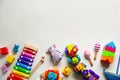 Different toys on light background, flat lay. Space for text Royalty Free Stock Photo