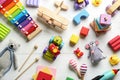 Different toys on white wooden background, flat lay Royalty Free Stock Photo