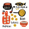 Different traditional russian food. Hand drawn food and name of dishes. Vector illustration.