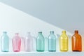 Different transparent plastic bottles on light background. Colorful plastic bottles of various sizes and shapes standing in a row
