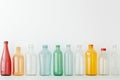 Different transparent plastic bottles on light background. Colorful plastic bottles of various sizes and shapes standing in a row