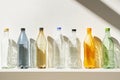 Different transparent plastic bottles on light background. Colorful plastic bottles of various sizes and shapes standing in a row