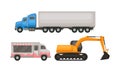 Different Transport with Excavating Machinery and Food Lorry Vector Set