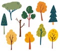 Different trees big set. Fir, pine, spruce, larch. Coniferous and deciduous. Forest hand draw colorful trees. Vector cartoon Royalty Free Stock Photo