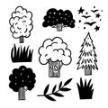 Different trees set in hand drawn cartoon style. Royalty Free Stock Photo