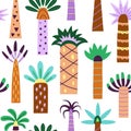 Different trendy palm with leaf. Abstract decorative palms seamless pattern. Summer ocean exotic plants, doodle style Royalty Free Stock Photo