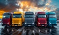 Different trucks are parked in row. A group of modern trucks parked in the parking lot Royalty Free Stock Photo