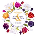 Wedding invitation template, save the date, round frame with highly realistic, multicolored vector tulips