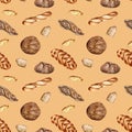 Different type of baguette and rye bread watercolor seamless pattern isolated on beige. Hand drawn loaf. Painted challah Royalty Free Stock Photo