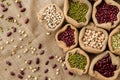 Different type of Bean seeds in sack bag, top view.