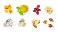 Different type of cheese with honey, grape, nuts on white background. Top view. Blue cheese, cheddar, parmesan, maasdam