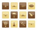 Different types of Aircraft Illustrations and icons over brown background