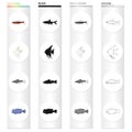 Different types of aquarium and marine fish, scaly, neon. A fish set collection icons in cartoon black monochrome