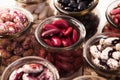 Different types of beans, background. Lots of white, red, black and colorful beans, background Royalty Free Stock Photo