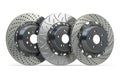Different types of brake disks. Drilled and slotted brake disks in a row