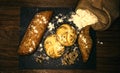 Different types of bread on a board. top view Royalty Free Stock Photo