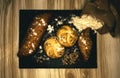 Different types of bread on a board. top view Royalty Free Stock Photo