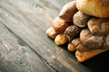 Different types of bread loaves close up with copy space. Royalty Free Stock Photo