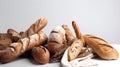 Different types of bread on a white background. Baguettes, baguettes, croissants. Generative AI