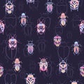 Different types of bugs seamless pattern. Repetitive insects background with hippie and bohemian motifs. Royalty Free Stock Photo