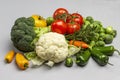 Different types of cabbage, red tomatoes and green peppers on gray Royalty Free Stock Photo