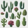 Different types of cactus plants. Vector hand drawn isolated cactus and succulents set. Cute green cactus in flower pots