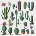 Different types of cactus plants. Vector hand drawn isolated cactus and succulents set. Cute green cactus in flower pots