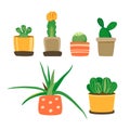 Different types of cactuses and succulents. Home plants in pots. Cute flowers icons in a flat style isolated on a white background Royalty Free Stock Photo