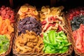 Different types of caramelized and dried fruits on a tray in the Boqueria market